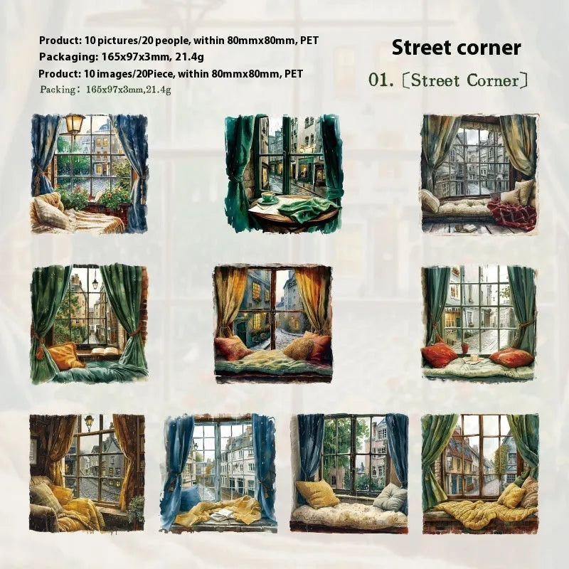 Retro window-themed journal stickers set with six different nature scene designs