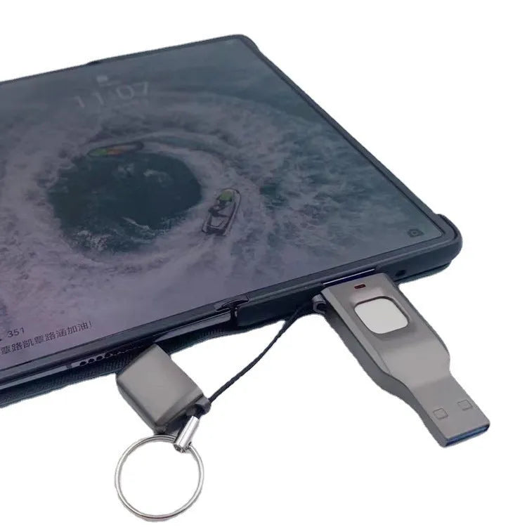 Black metal fingerprint encrypted USB flash drive with both USB 3.0 and Type-C connectors shown.