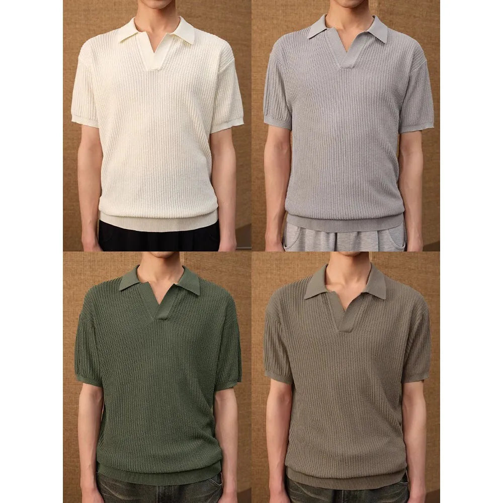 Men's business casual polo shirt in ice silk blend fabric available in creamy-white, black, and grey colours