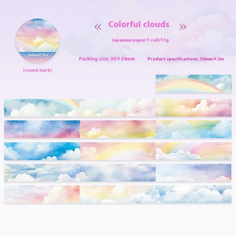 Japanese paper washi tape roll with sky theme designs including clouds, sun and nebula patterns