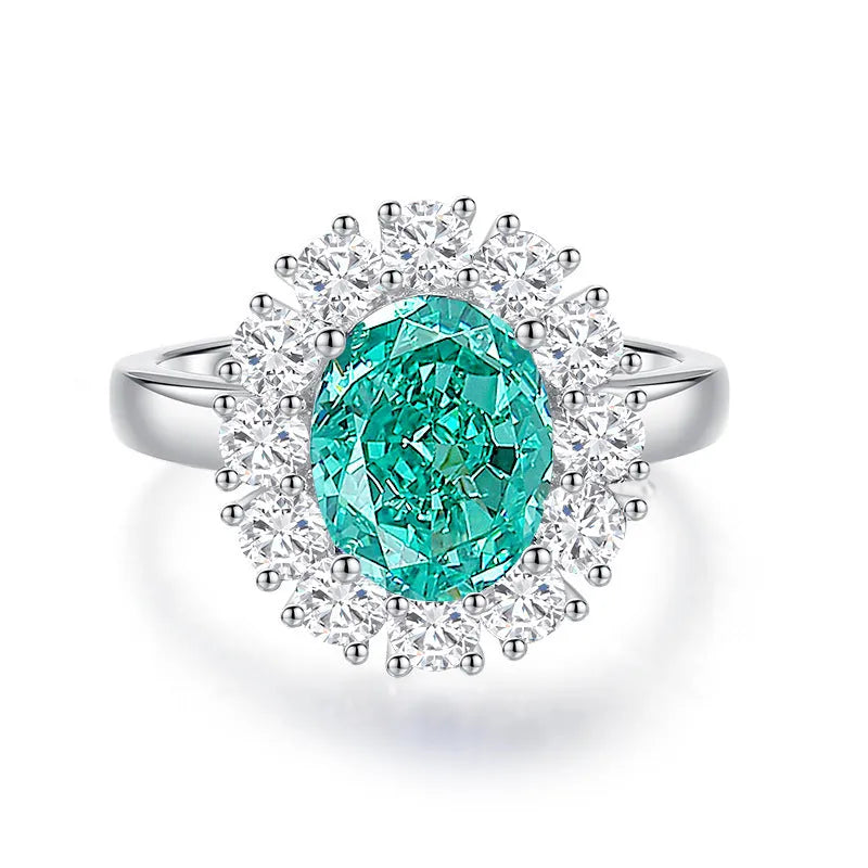 S925 silver emerald ring for women with inlaid high carbon diamonds in a geometric design on a white background.