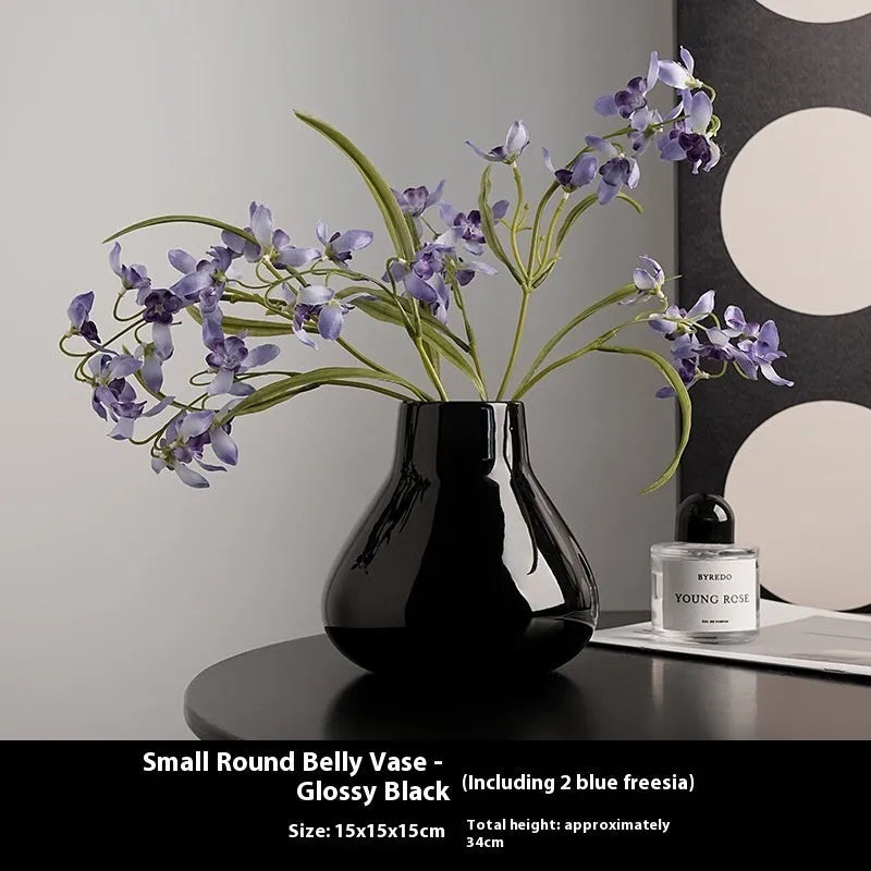 Black and white round belly ceramic decorative vase with optional artificial orchid flowers