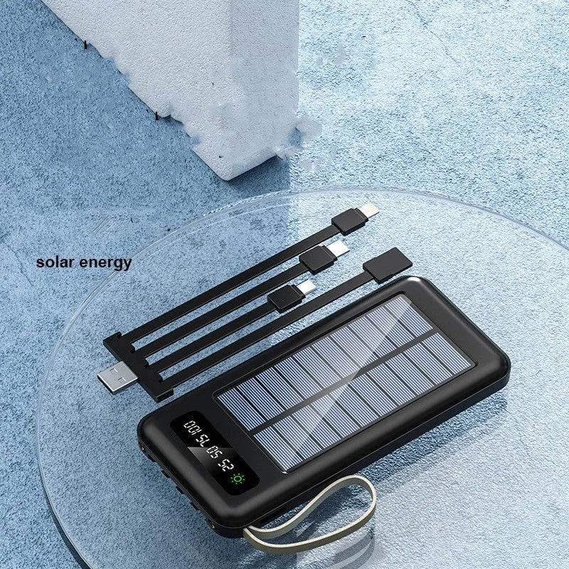 Solar power bank in black or white with charging cable, showing front panel and side dimensions