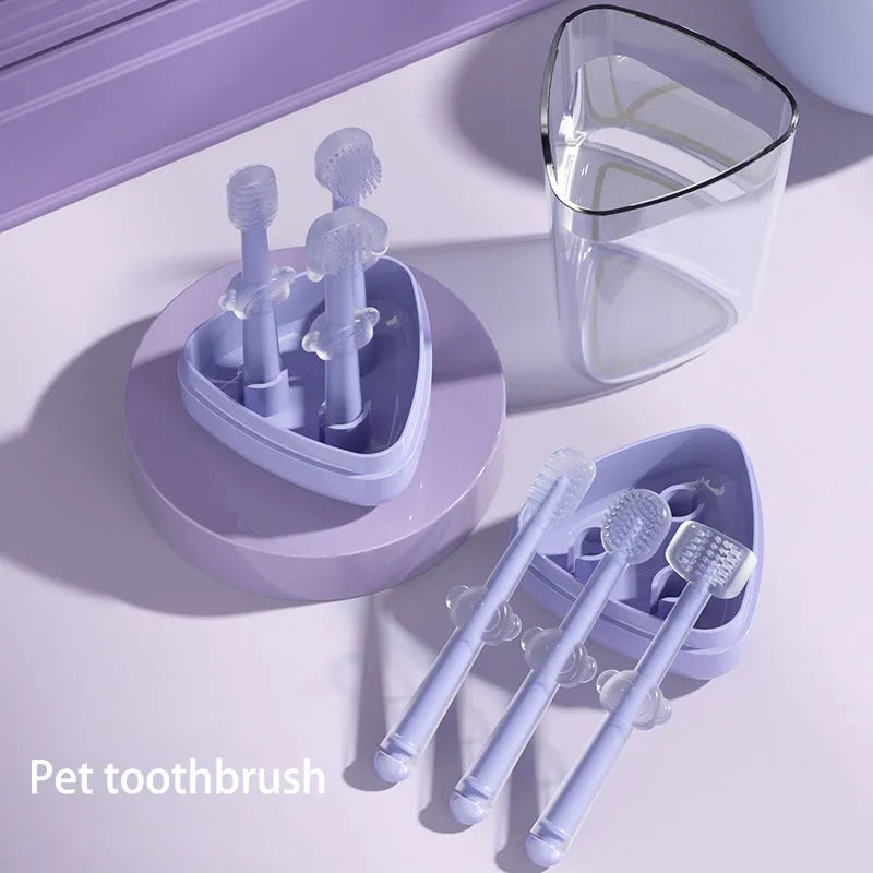 Purple pet toothbrush with soft silicone bristles for dog and cat dental cleaning