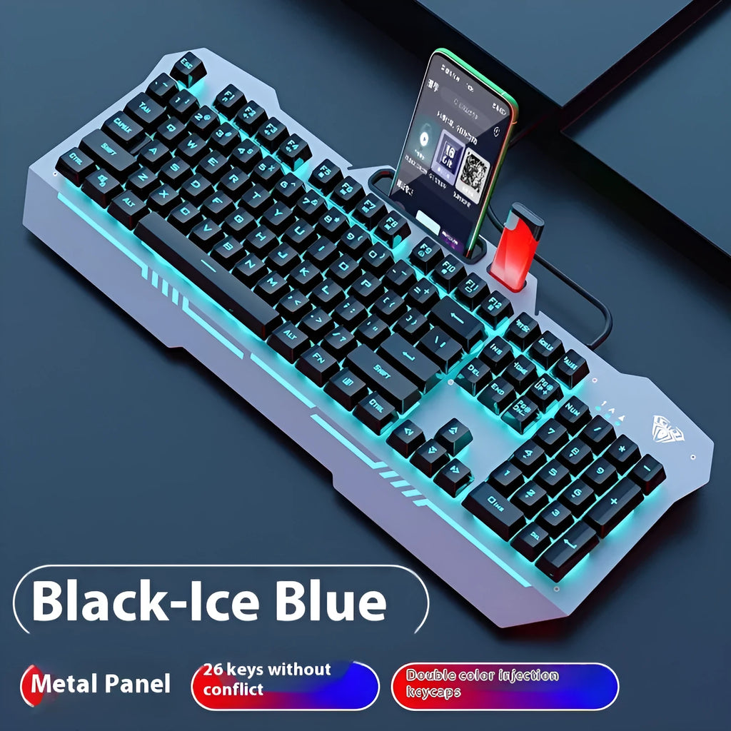 Black and white wired mechanical feeling keyboard, mouse, and headset bundle on a desk.