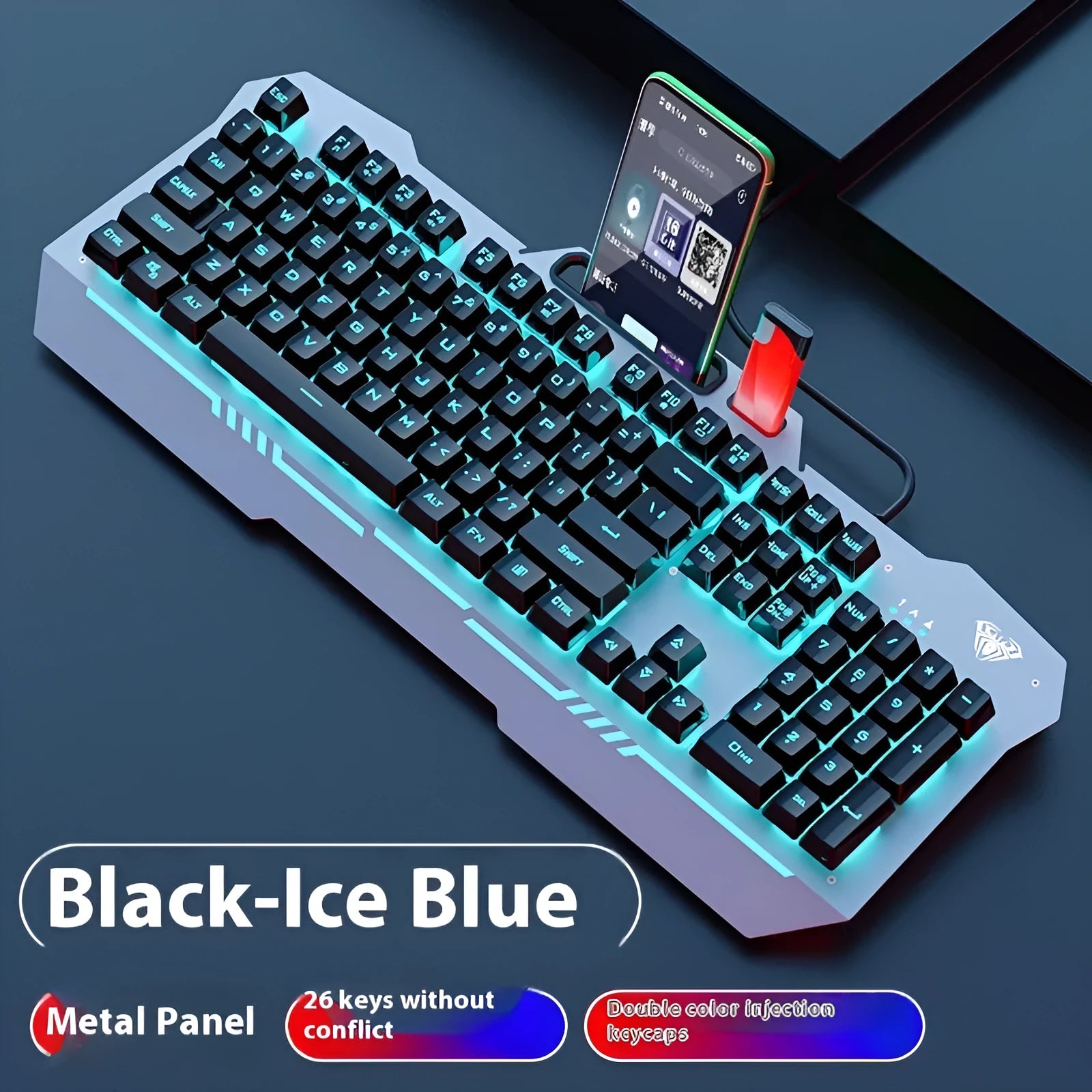 Black and white wired mechanical feeling keyboard, mouse, and headset bundle on a desk.