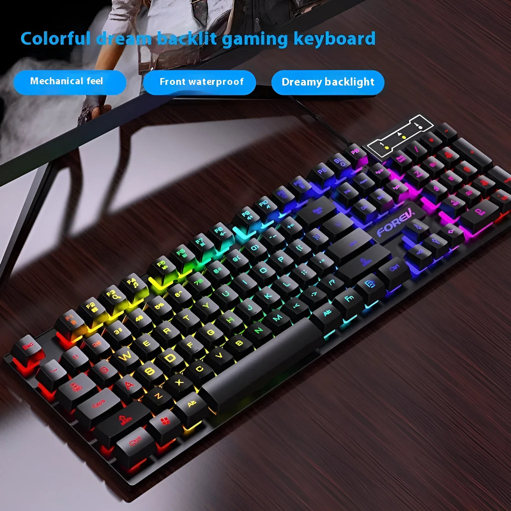Black 104-key backlight gaming keyboard with mouse on desk showing compact design