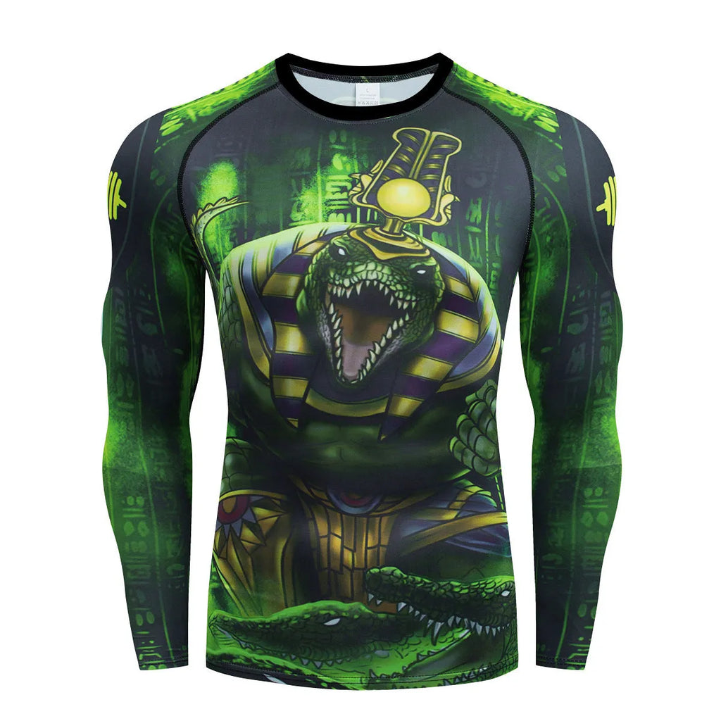 Man wearing a slim-fit, long-sleeve printed sport suit for running or gym training.