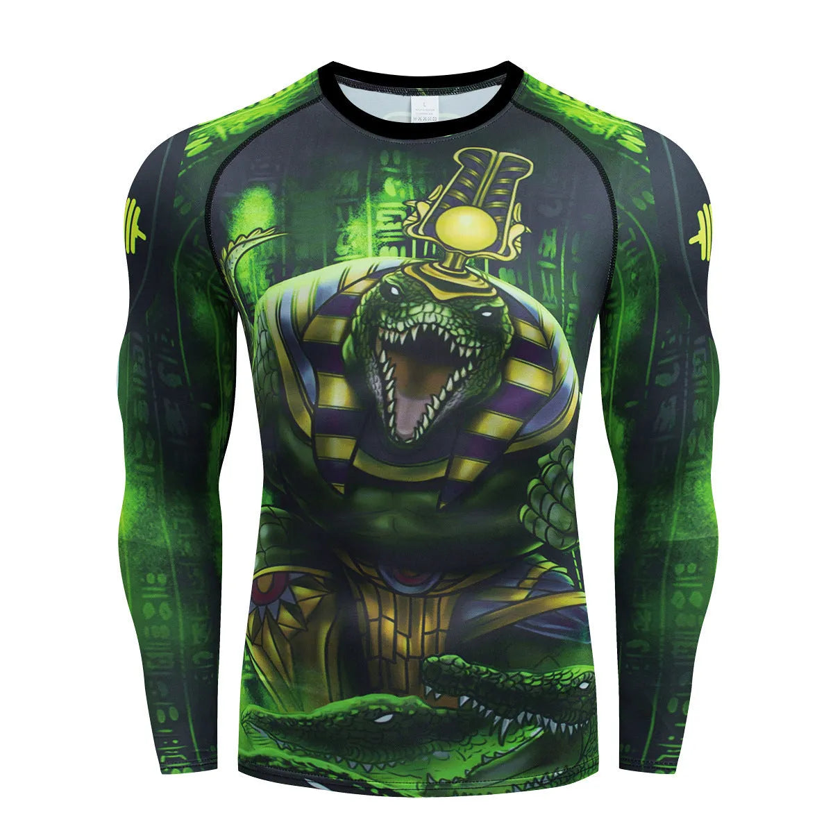 Man wearing a slim-fit, long-sleeve printed sport suit for running or gym training.