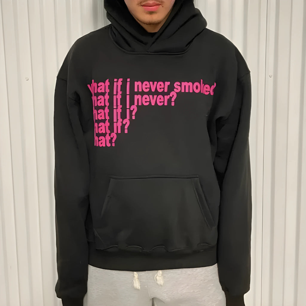Black hooded sweater with white letter print pattern, regular sleeves