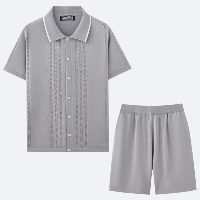 Tencel knit business casual two-piece set with short sleeve top and shorts in multiple colours.