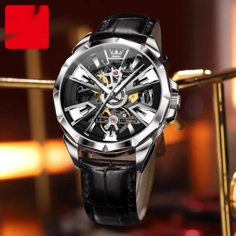 Men's automatic mechanical watch with hollow dial design on genuine leather strap