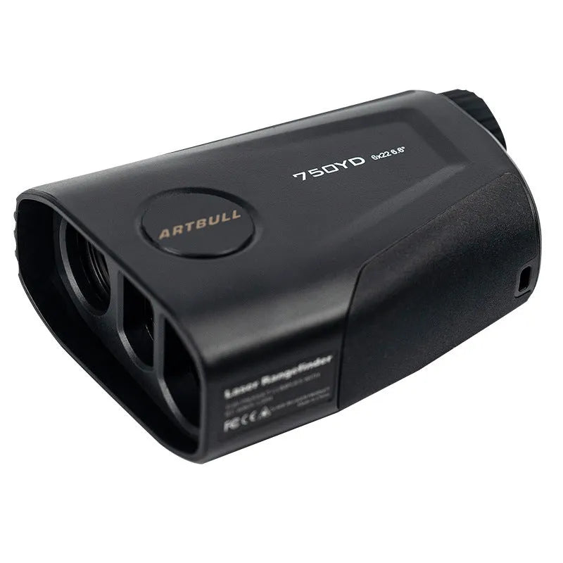 Golf laser rangefinder with 6x magnification showing LCD display with distance measurement
