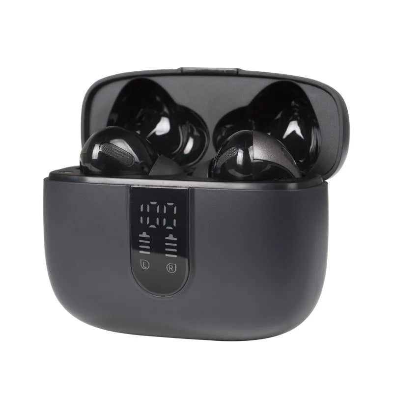 Jerry X08 wireless Bluetooth earbuds in black with digital display and charging case.