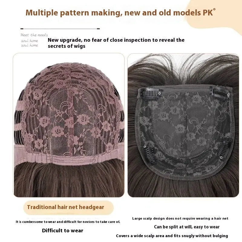 Black long straight full-head wig with high-layered cut and brown-black highlights in bangs and middle sections