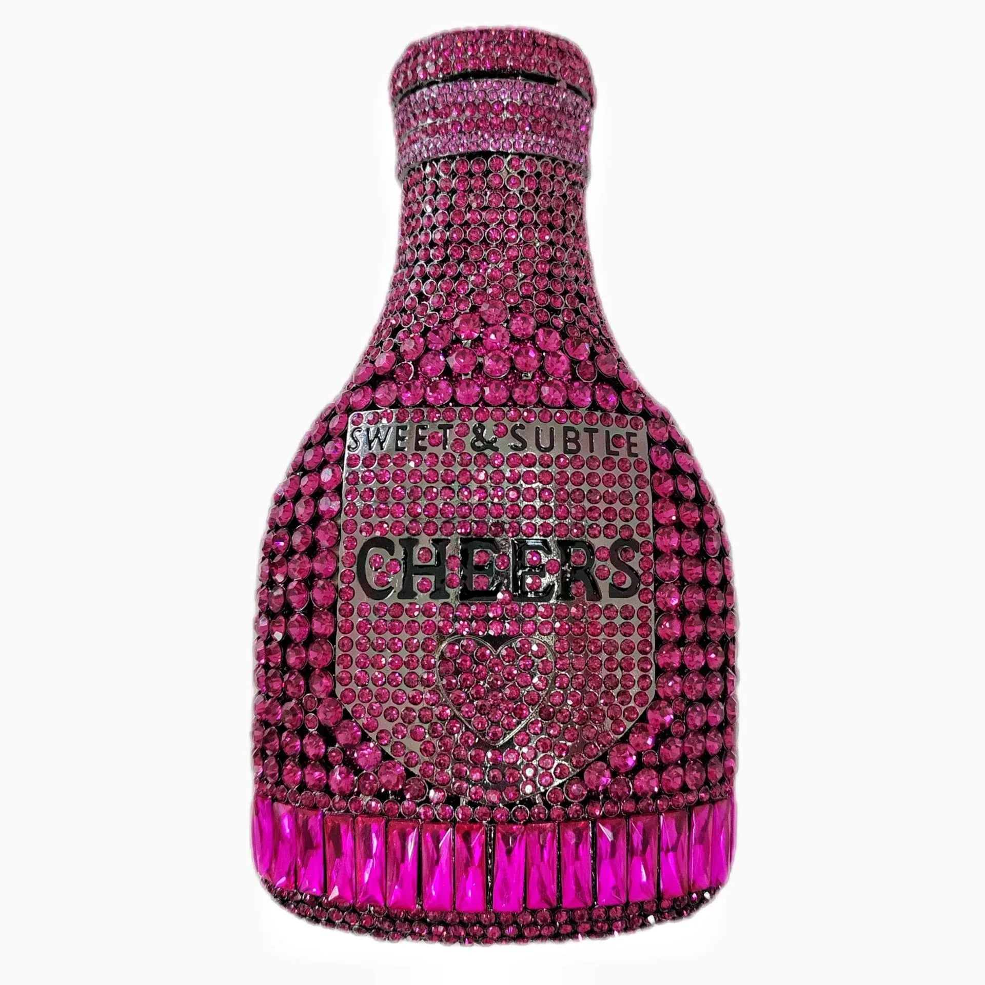 Gold rhinestone champagne bottle shaped evening clutch bag with wrist strap on a dark background.