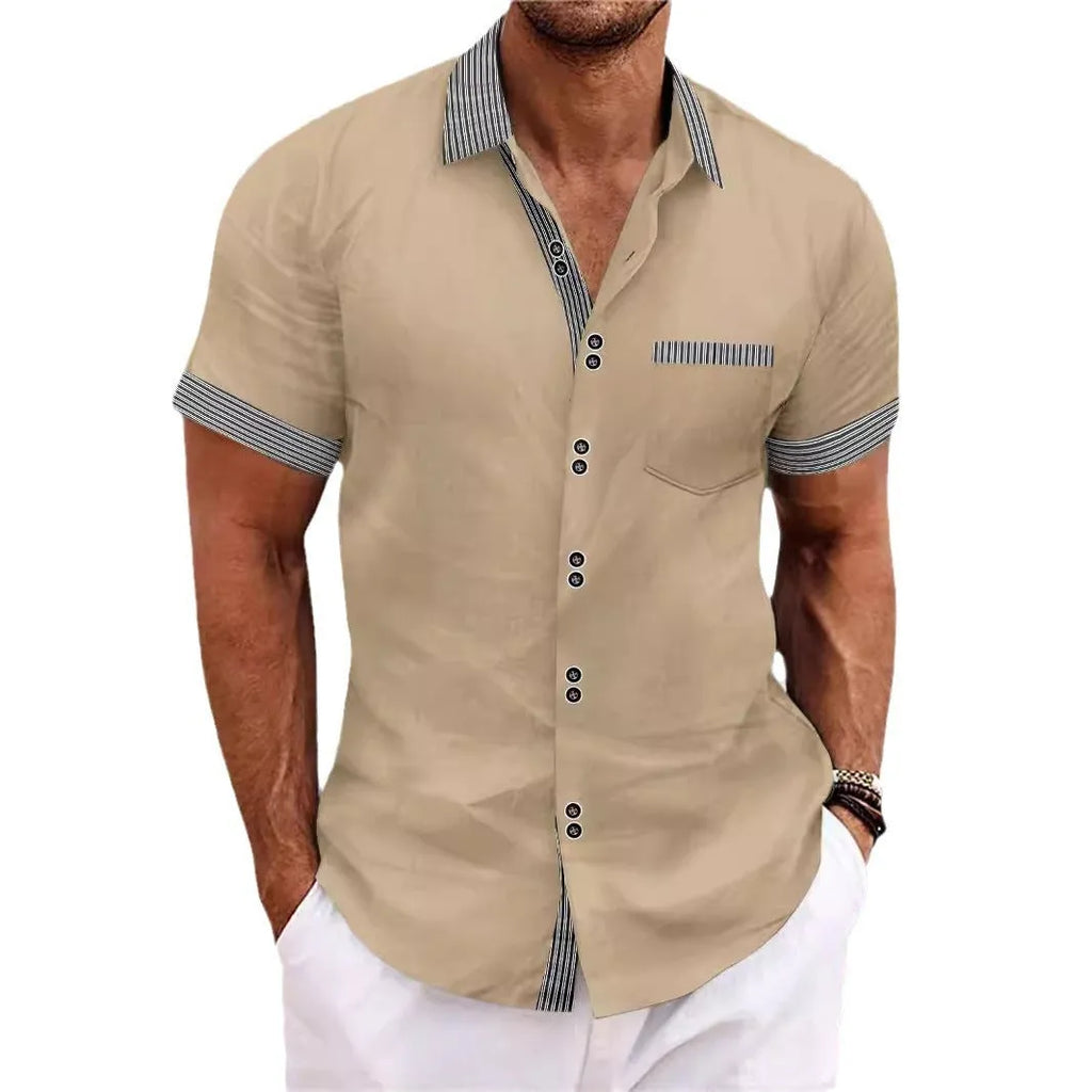 Men's pure cotton slim fit striped short sleeve casual shirt with double button design