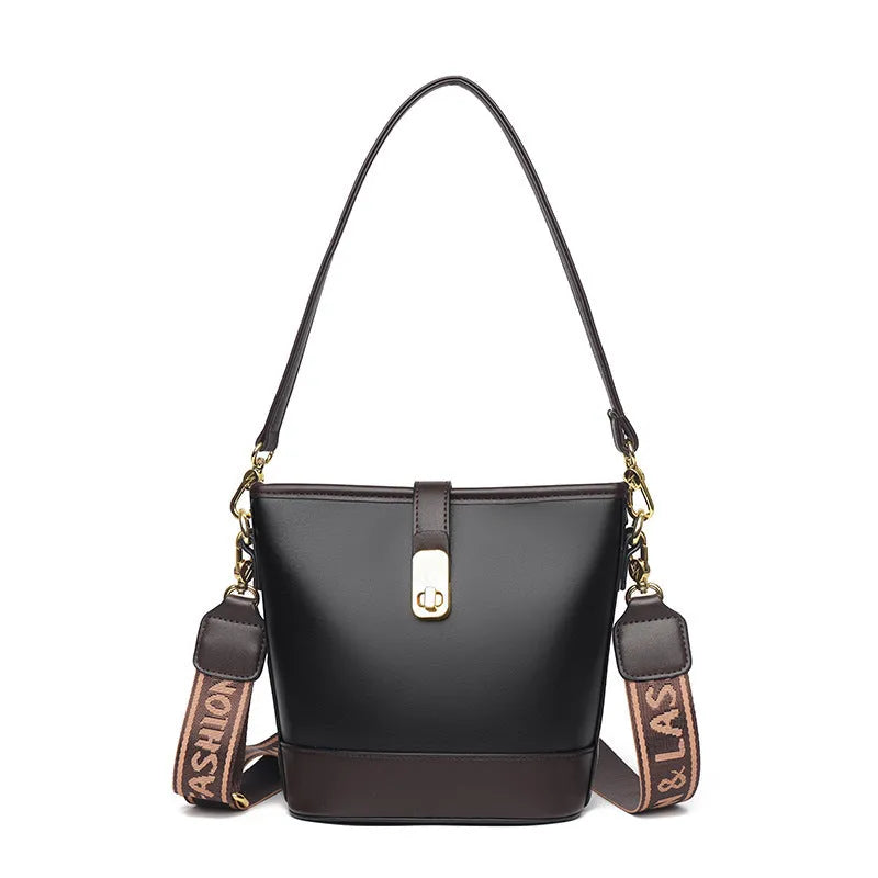 Korean-style black bucket messenger bag with soft PU leather and shoulder straps