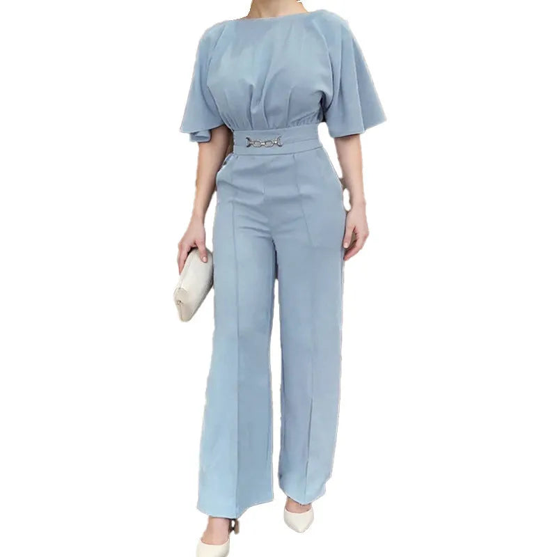 Blue polyester men's casual suit set with long sleeve shirt and matching trousers