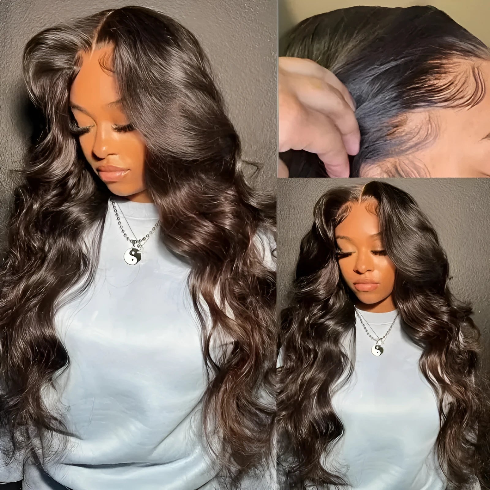 Dark brown long curly front lace wig with side bangs on a mannequin head.