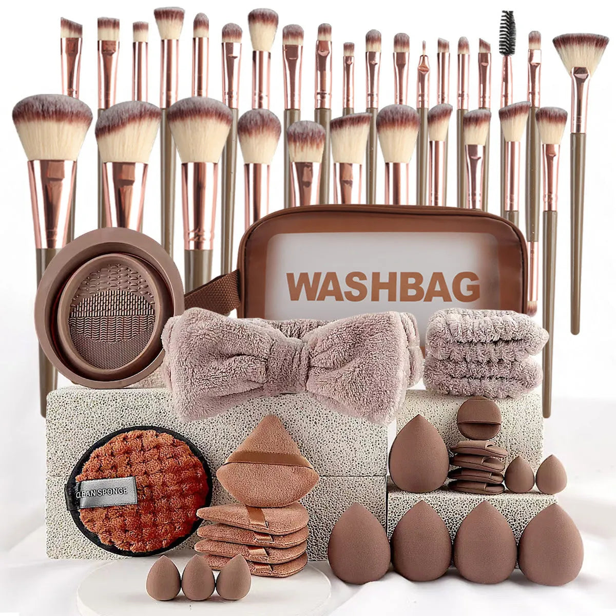 Beauty tools combination suit with hydrophilic non-latex sponge applicators in brown, pink and purple colours