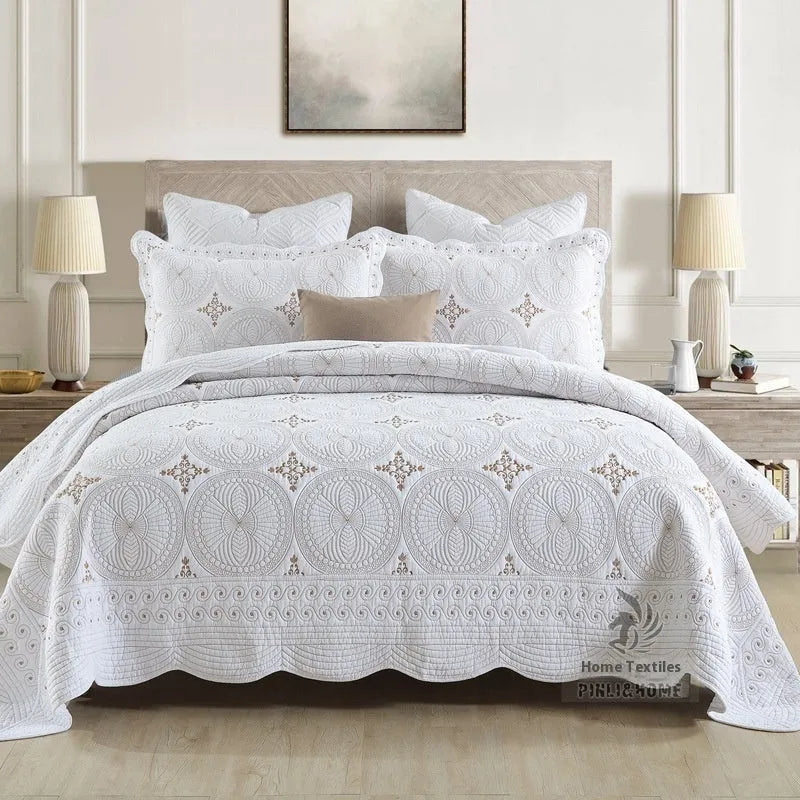 European-style double thick pure cotton bed cover set with embroidery, includes one cover and two pillowcases.