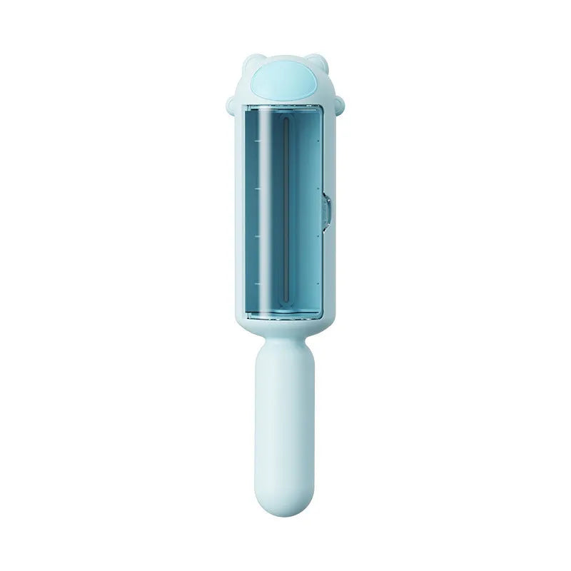 Self-cleaning pet hair removal roller tool for furniture and car seats in blue, pink, or yellow colours