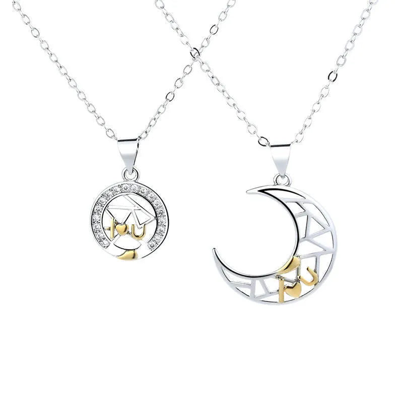 Sun Moon couple necklace set with copper electroplated pendants on a cross chain.
