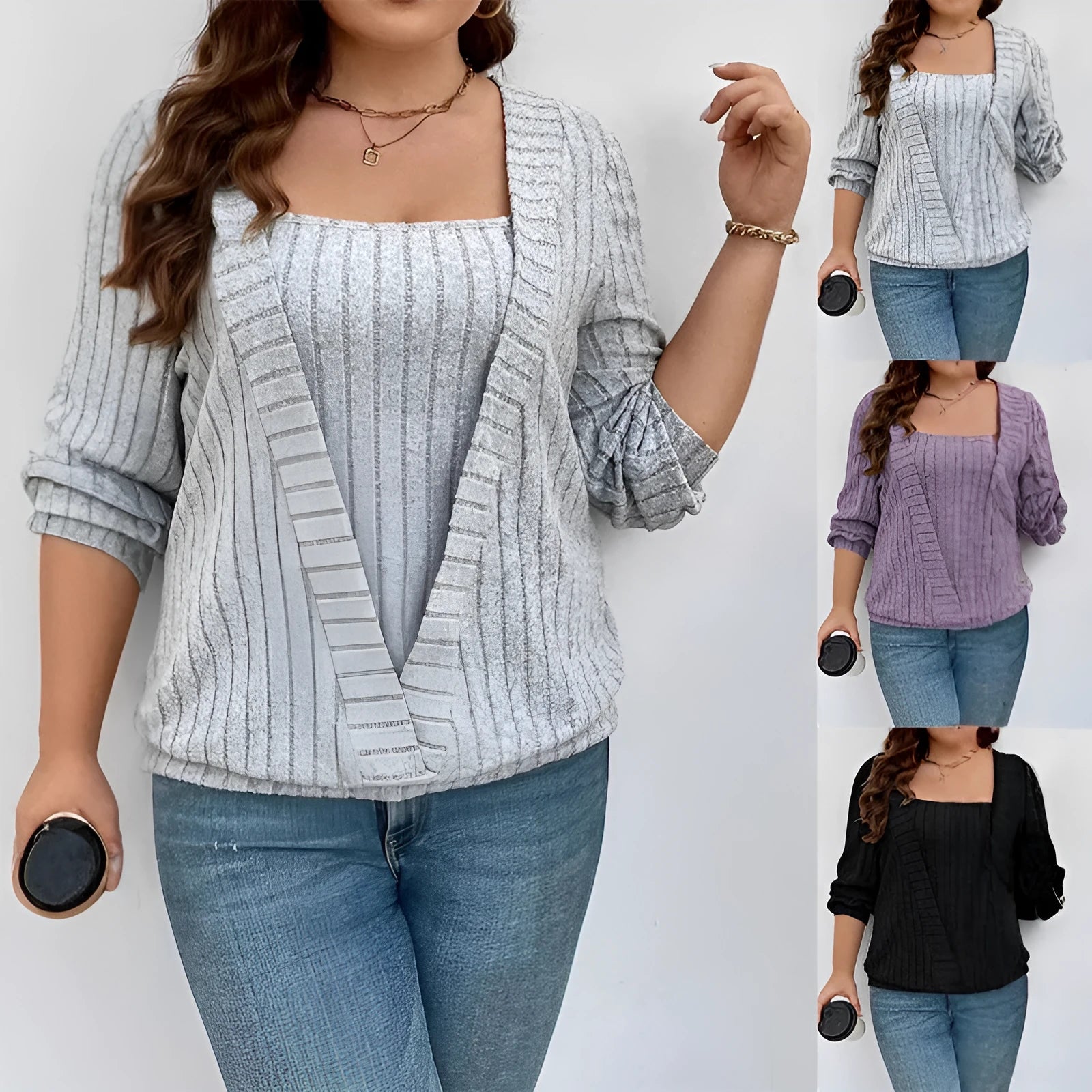 Women's solid colour ribbed V-neck false two-piece suit top with long sleeves on a hanger.