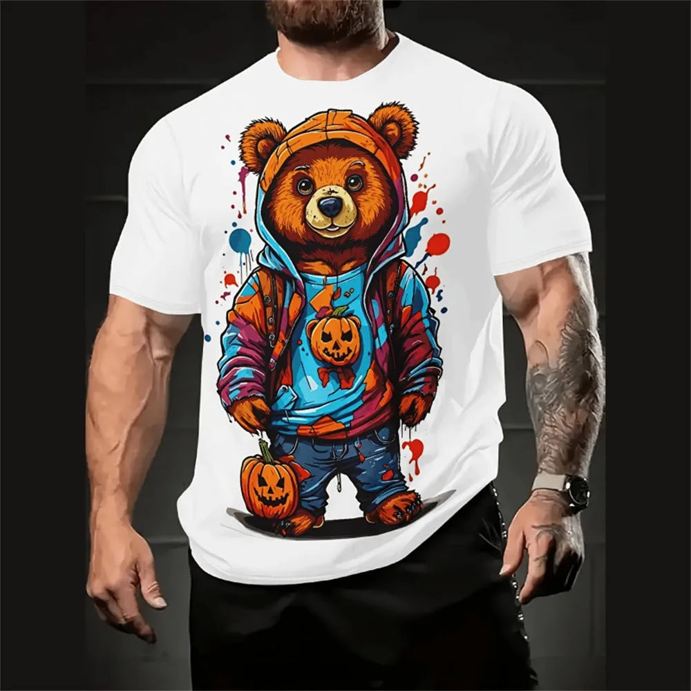 Man wearing a loose-fit short-sleeve shirt with a colourful cartoon print, showing front detail.