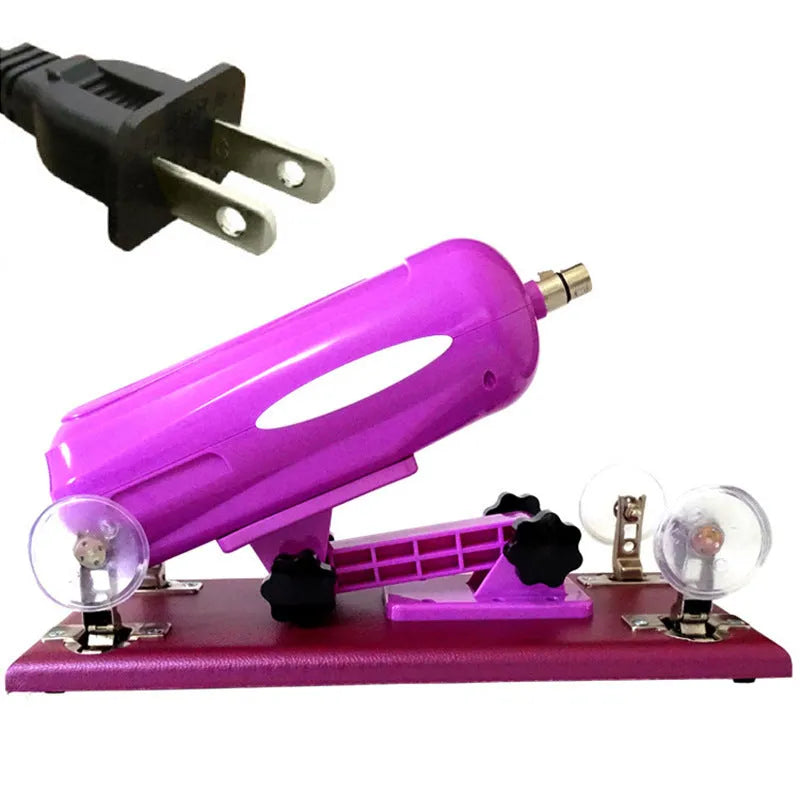 Purple automatic telescopic thrusting sex toy for women on a neutral background