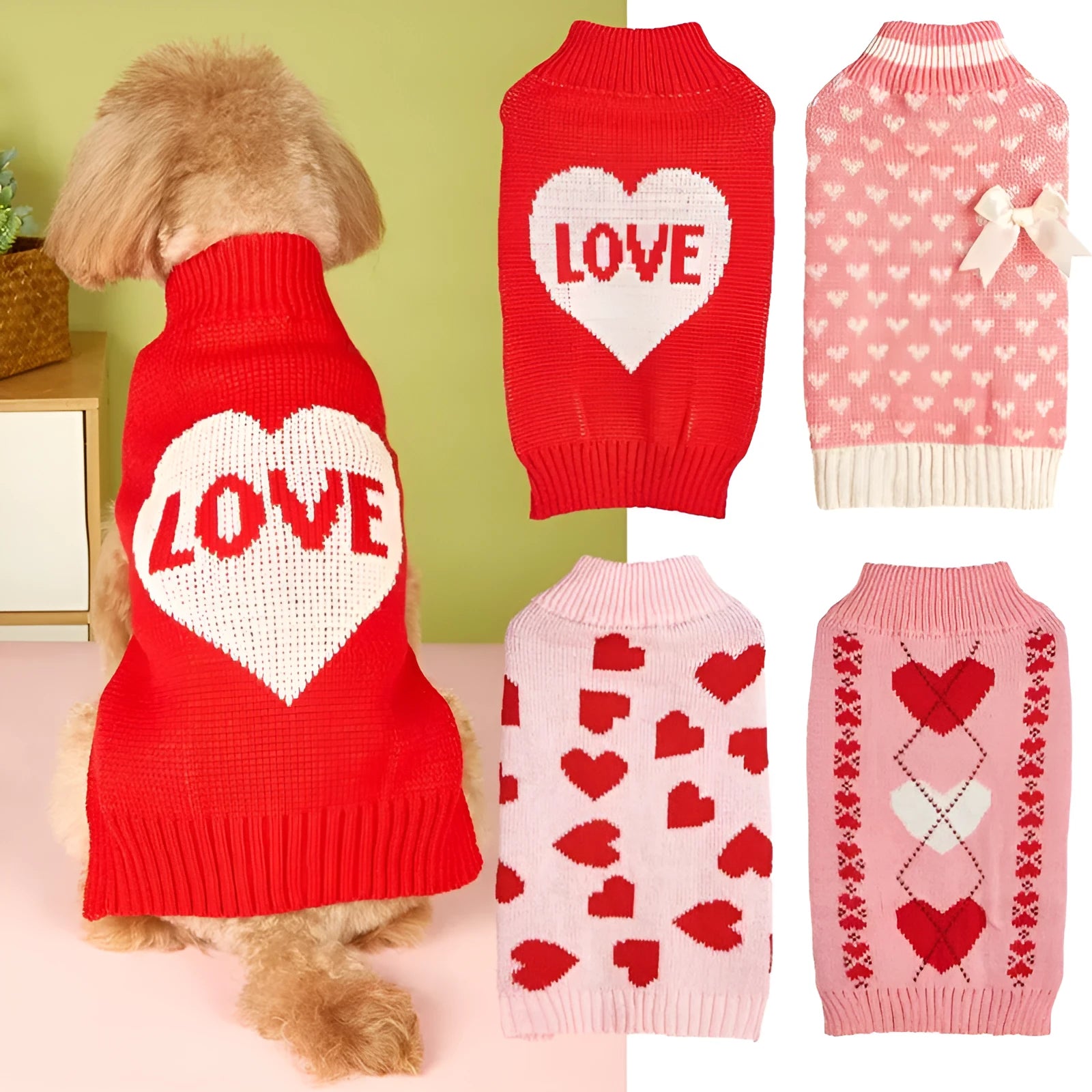 Red love heart design acrylic knit dog sweater for small dogs in size S.