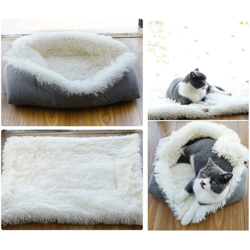 Grey and white long plush pet bed with black non-slip bottom particles