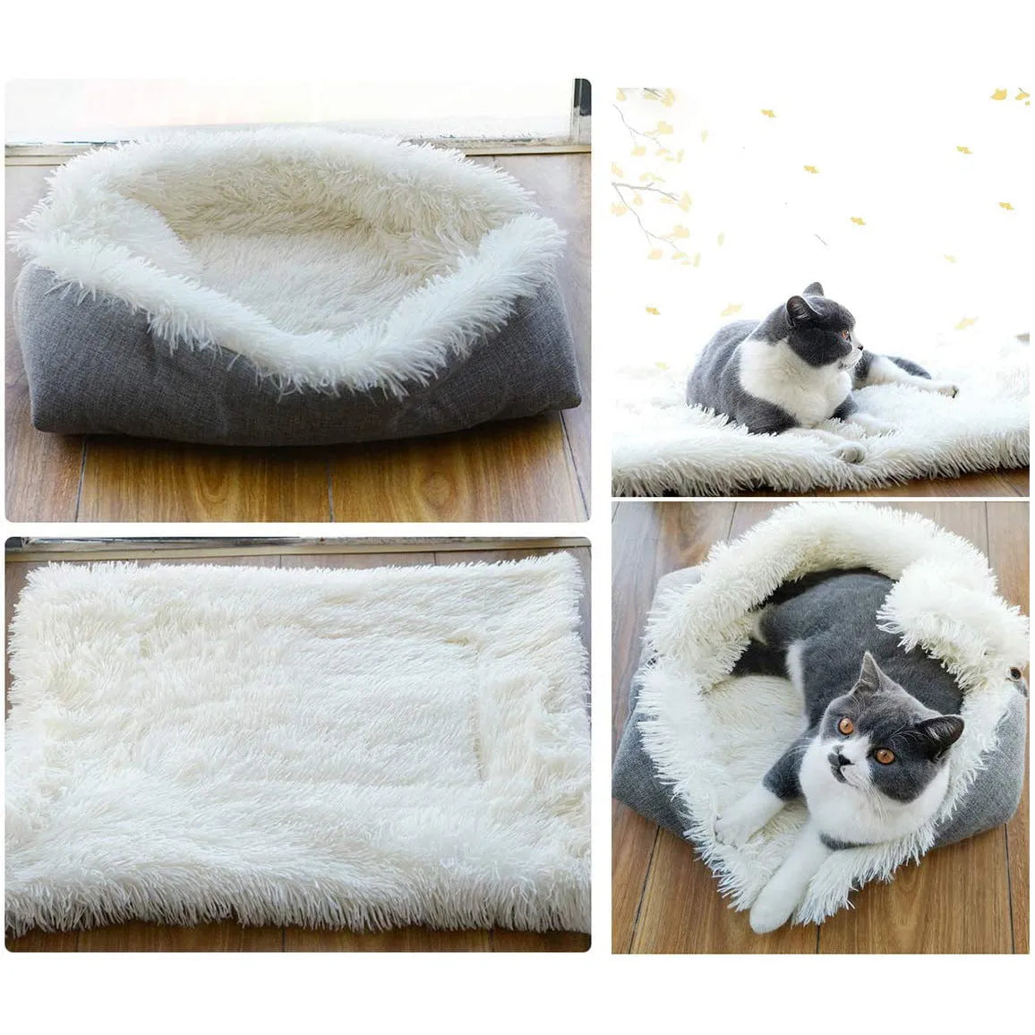 Grey and white long plush pet bed with black non-slip bottom particles