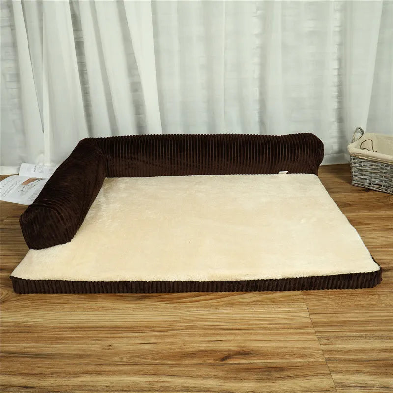 Corduroy pet dog bed sofa in a neutral colour with a raised edge and non-slip base.