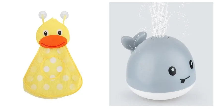 Electric whale-shaped baby bath toy with water spray, LED lights, and automatic water sensor