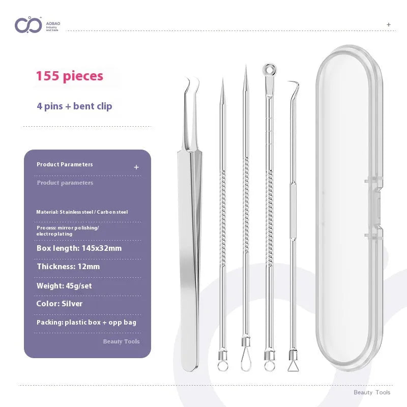Four metal acne needles with pointed tips arranged on a clean surface.