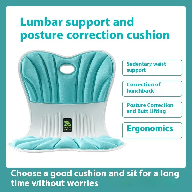 Gray ergonomic office seat cushion with integrated waist support design on wooden chair
