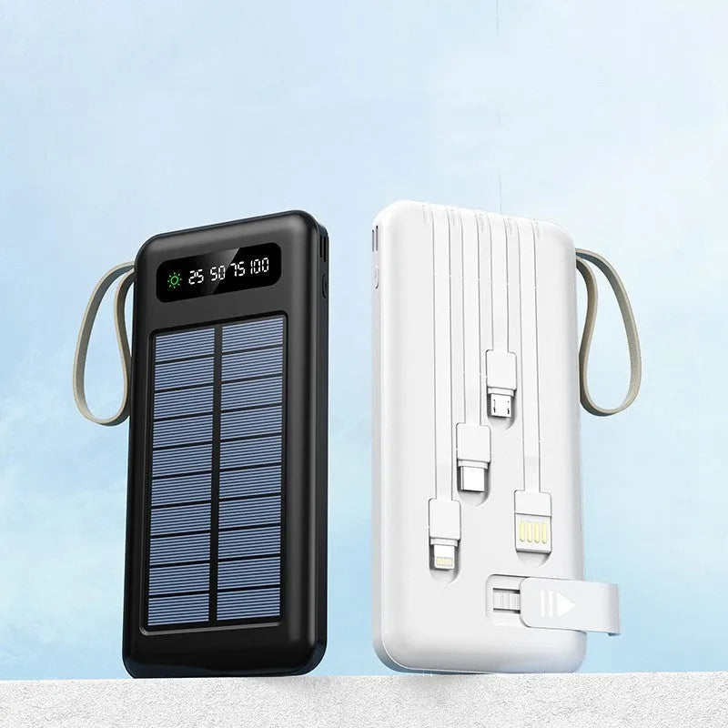 Solar power bank in black or white with charging cable, showing front panel and side dimensions