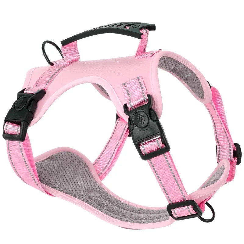Adjustable polyester dog chest harness and lead in one of six colours: black, yellow, red, orange, pink, or Lake Blue.