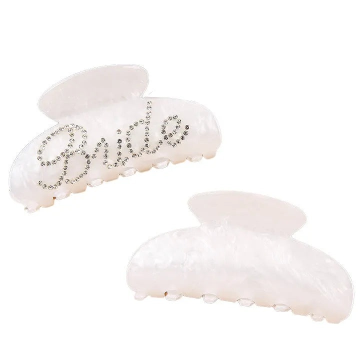 Pink and white 10cm acrylic shark hair clips with multi-diamond spot drill pattern and double-sided design