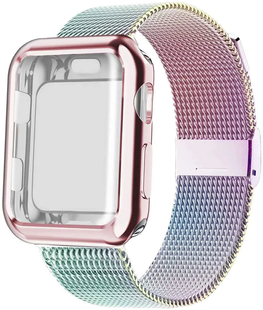 Magnetic Milanese metal band for Apple Watch in silver on a 42mm watch, showing adjustable clasp.