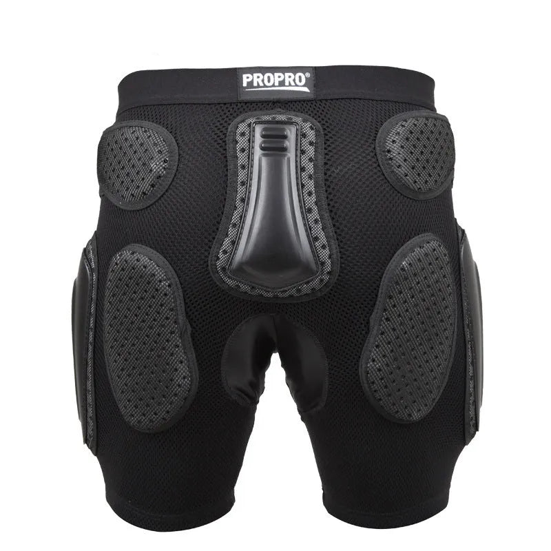 Black cycling hip protection pants with foam padding in hip area showing unisex sizing options