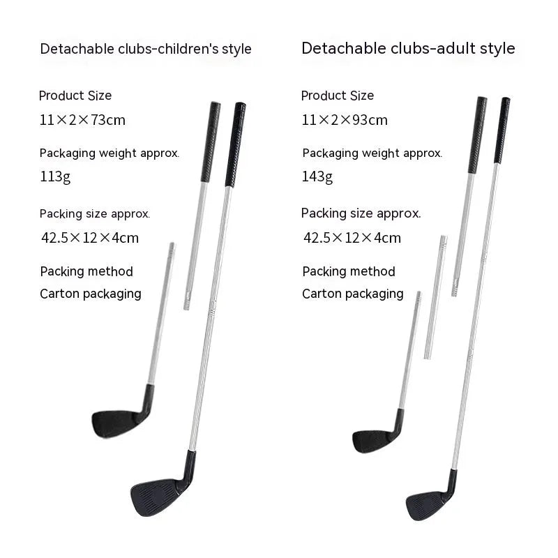 Silver metal golf club set showing adult and children's size options for outdoor practice