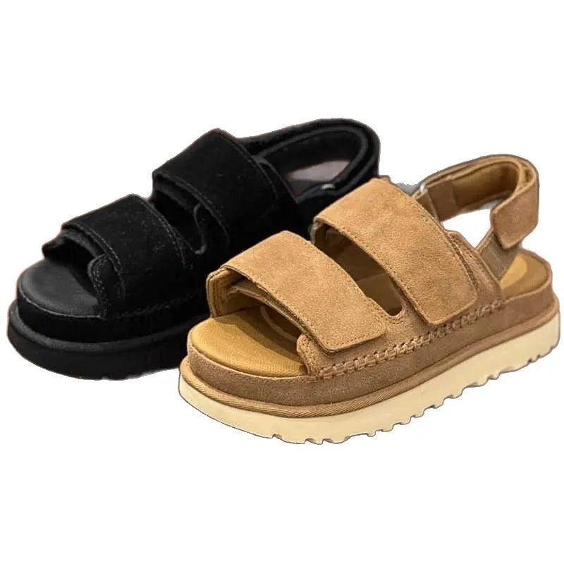 Women's maroon suede peep toe platform sandals with a Velcro strap fastening.