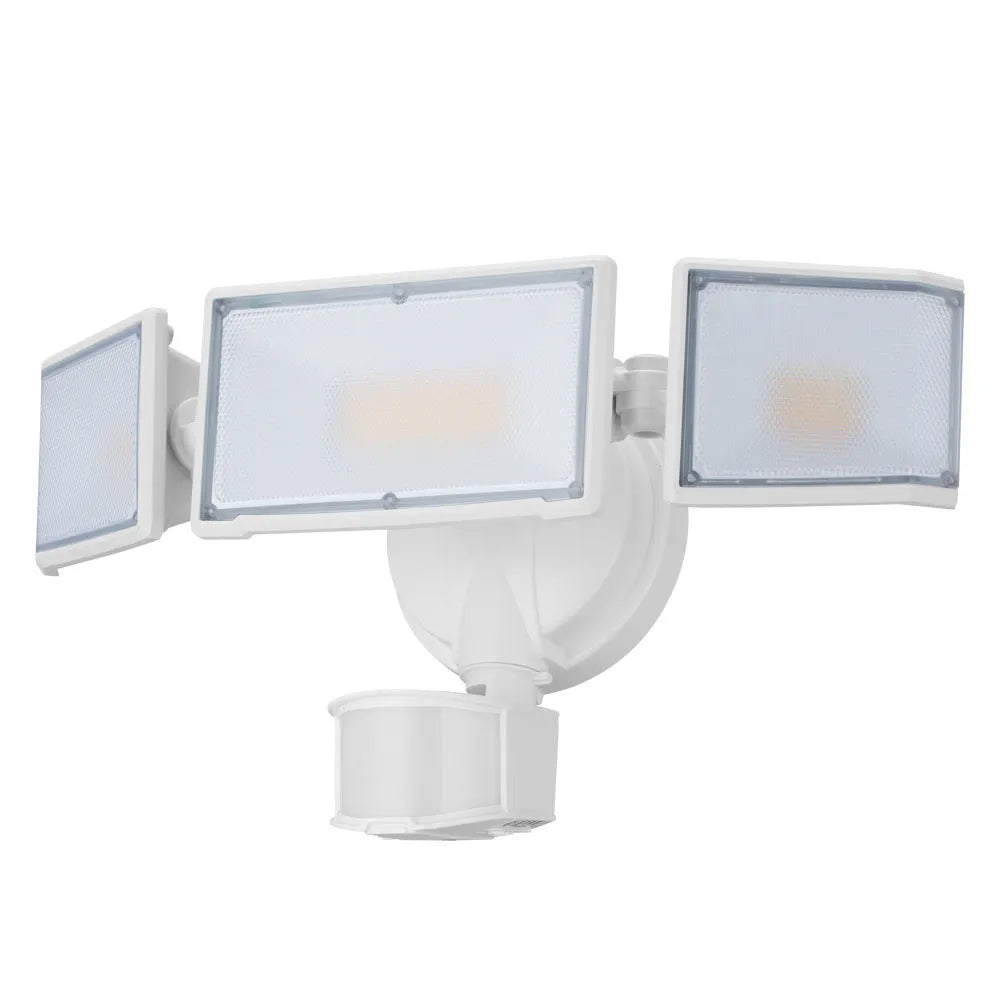 White or black LED security flood light with motion sensor for outdoor installation