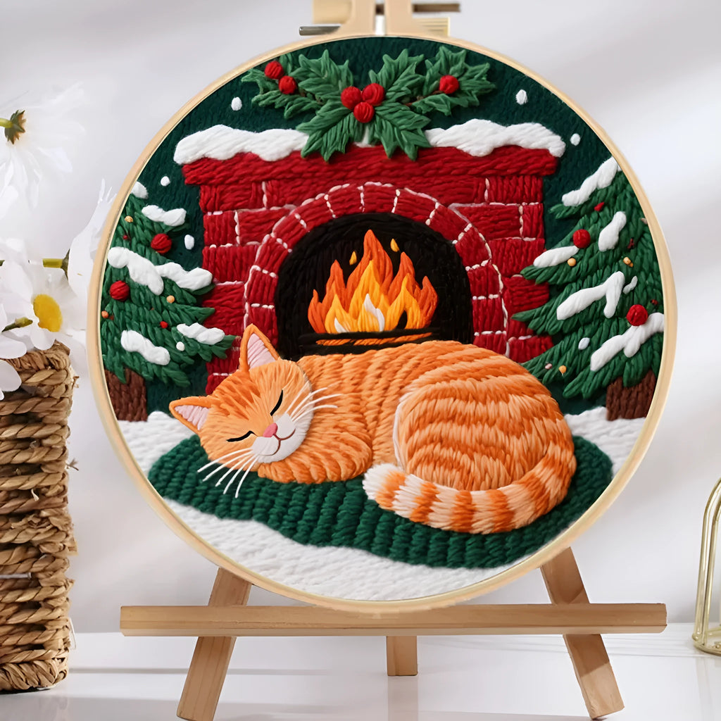 DIY embroidery material kit showing cotton linen fabric with cat and autumn fruit design, optional bamboo hoop and scissors