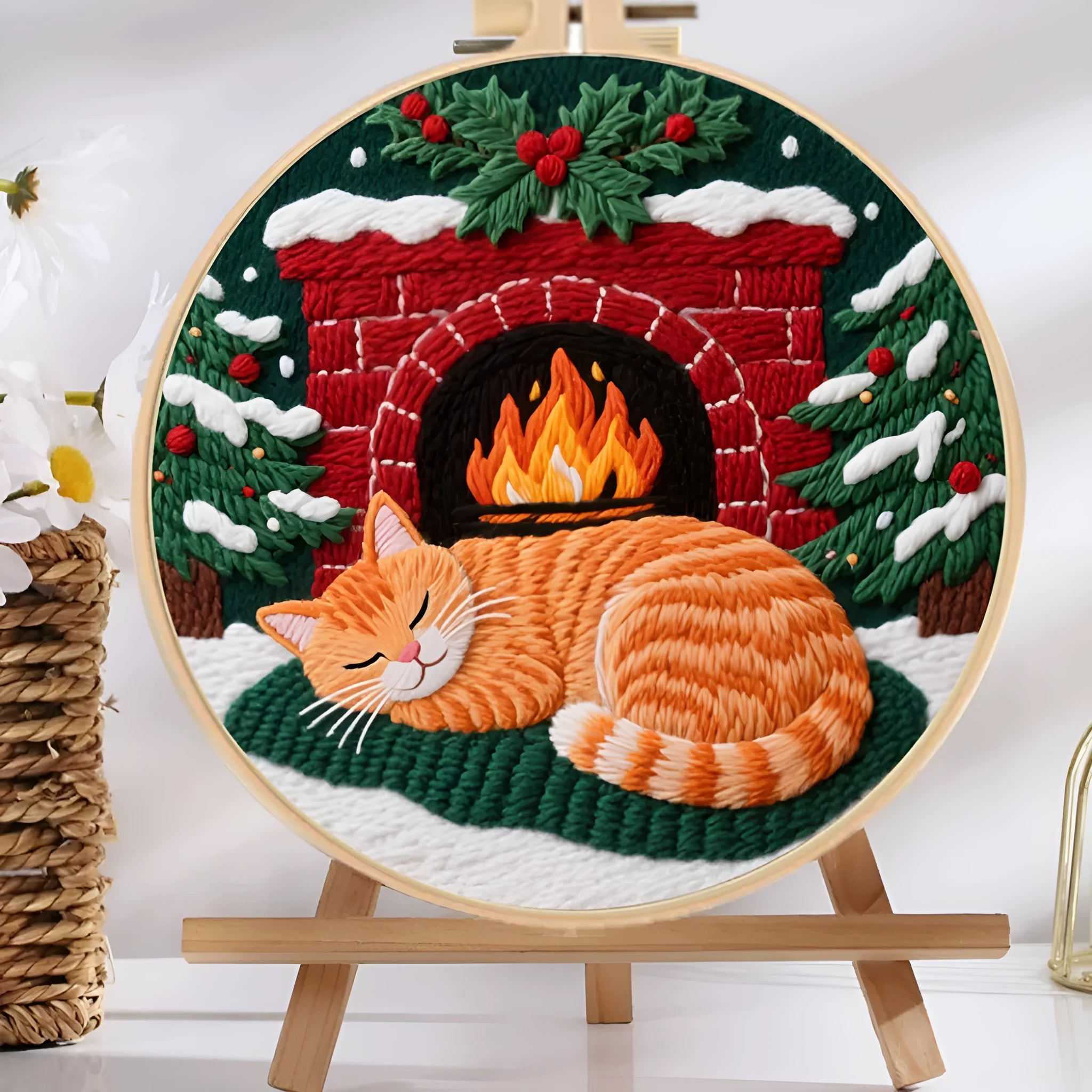 DIY embroidery material kit showing cotton linen fabric with cat and autumn fruit design, optional bamboo hoop and scissors