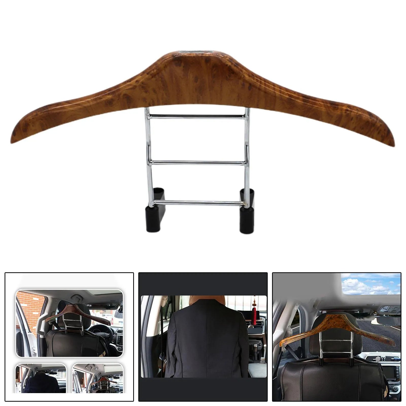 Wood yellow stainless steel car clothes hanger with detachable hooks for seat backs.