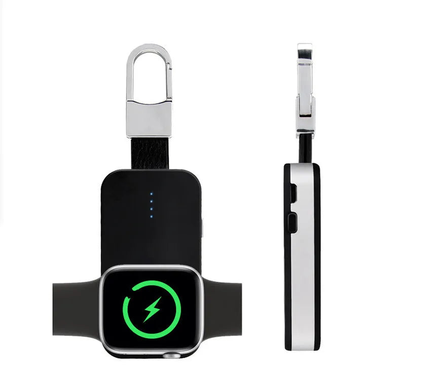 Black Apple Watch keychain wireless power bank with 1000mAh battery next to an Apple Watch.